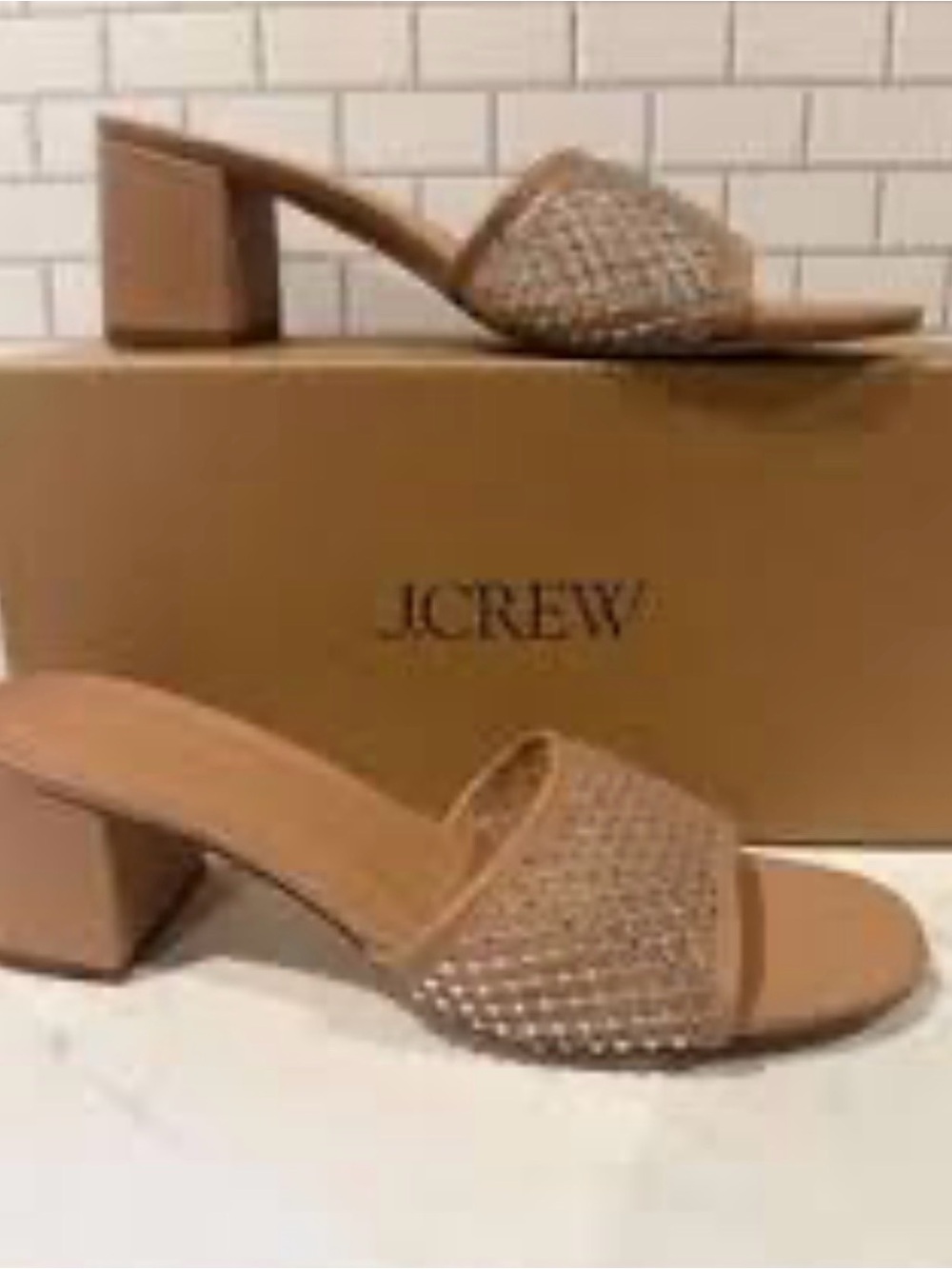 J. Crew Beaded Tan Block Heel Slide Sandals